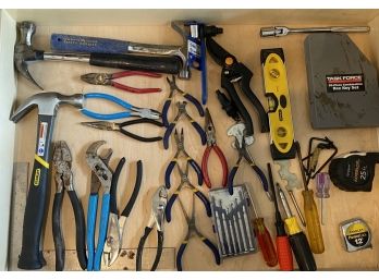 Drawer Full Of Hand Tools Including Hammer, Scredwdrivers, Pliers, & Levels