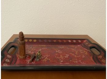 Decorative Tray With Buddhist Objects Featuring Tibetan Incense Holder