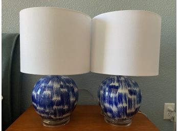 Pair Of Two Blue & White Decorative Stout Lamps With Lucite Tops