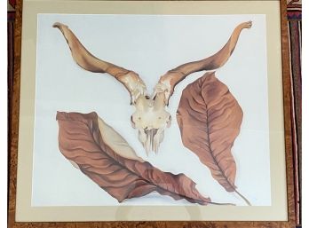 Georgia O'Keefe Framed Cow Skull With Leaf Print In Burled Wood Frame