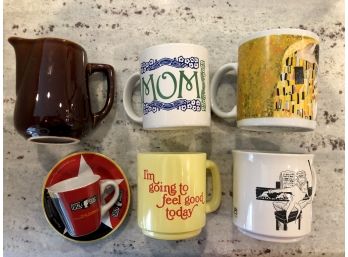 Set Of Four Artsy Mugs, One Espresso Cup, One Creamer