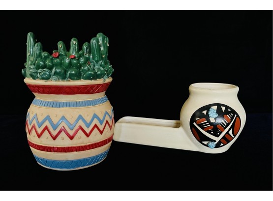 Native American Signed Pottery Burner With Resin Decorative Vase