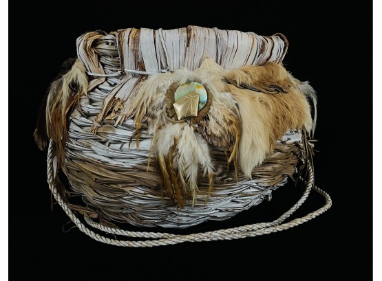 Navajo Hand Made Natural Fiber Fur & Feather Basket