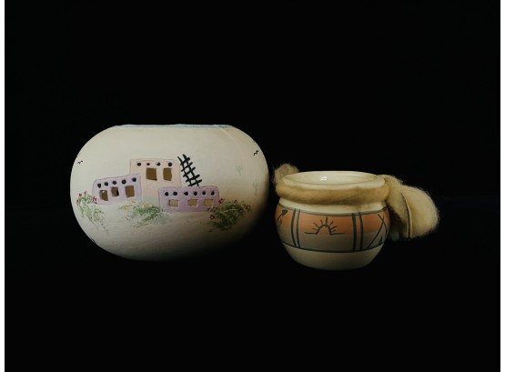 2 Hand Decorated Native American Pottery With Pueblo