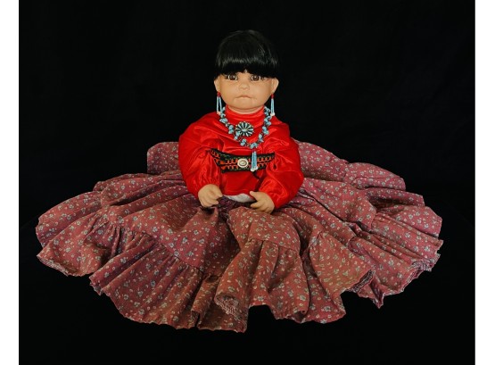 Navajo Hand Made Bisque Porcelain Girl Doll With Genuine Jewelry