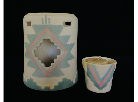Sand Painted Clay Pottery Votive & Shade By Sunwest Arts