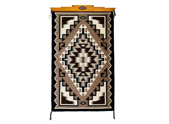 Gorgeous Finely Woven Navajo Two Grey Hills Storm Pattern Rug With Custom Wood Bracket