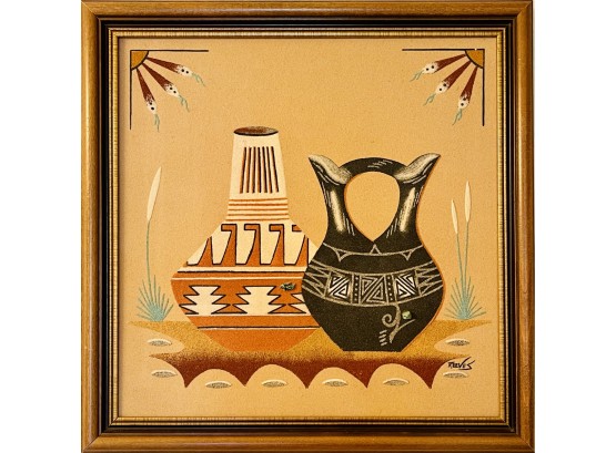 Indian Pottery Framed Sand Painting By Charles Reeves