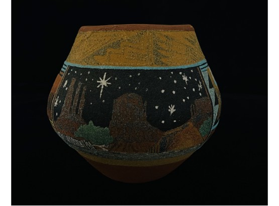Wonderful Red Clay Pot Signed JRW With Sand Painting Details