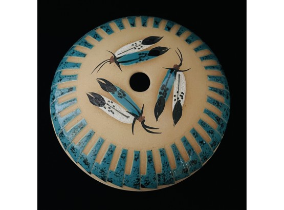 Lovely Signed Marylin Native American Clay Pottery Vase With Turquoise Colored Detail & Feathers