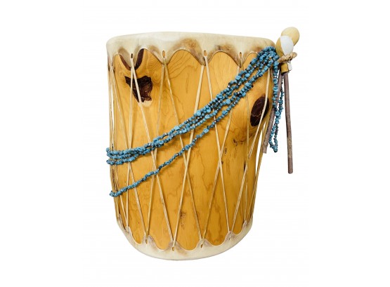 Authentic Navajo Made Wood & Deer Skin Working Drum With Sticks & TurquoiseLike Stands 1 Of 2