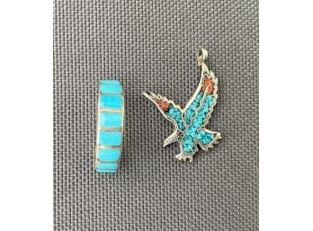 Sterling Silver, Coral And Turquoise Eagle Pendant And Sterling Silver And Turquoise Single Hoop