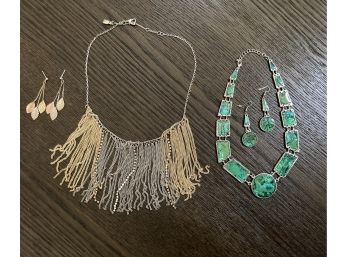 Gold, Silver And Copper Toned Necklace And Earrings, With Green Toned Necklace And Earrings