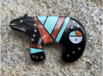 Germaine Smith Signed Sterling Silver Inlay Bear Sun Face Brooch, Has Turquoise, Onyx, Opal, Among Others