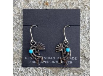 Kokopelli Navajo Sterling Silver And Turquoise Earrings With Kokopelli Carved Wood Box