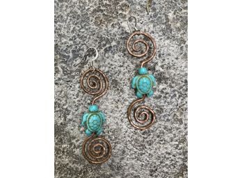 Copperwire And Turquoise Turtle Earrings