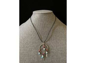 Silver Toned And Copper Wire Dream Catcher Pendant With Turquoise, Coral & Other Stones Leather Necklace