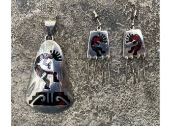 Mexico Sterling Silver Kokopelli Pendant And Earrings