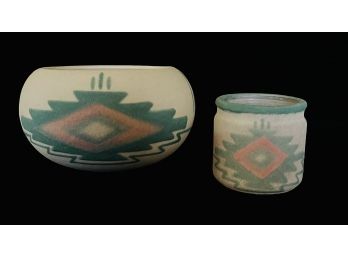 Signed Sand Painted Clay Pottery Bowl & Glass Votive