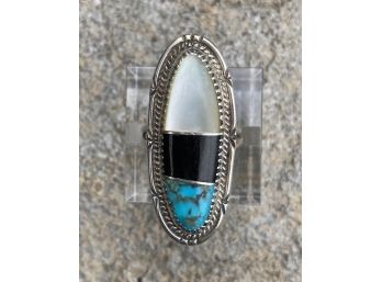 Turquoise, Onyx And Mother Of Pearl Inlay Sterling Silver  Ring