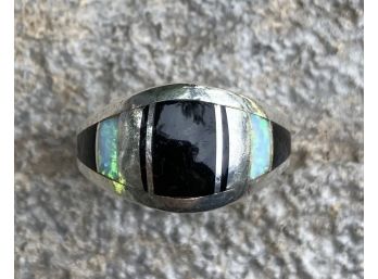 V Sterling Signed Opal And Onyx Inlay Sterling Silver Ring