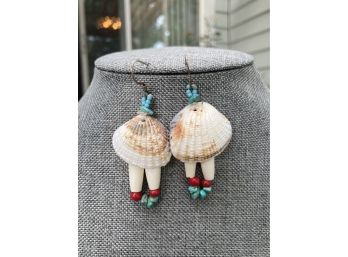Seashell, Turquoise, Coral And Bone Fish Hook Earrings