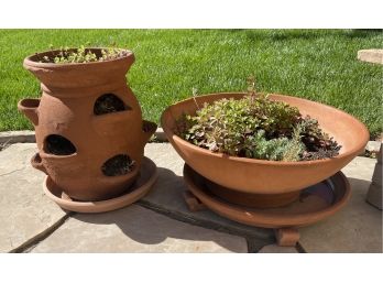 2 Clay Planters With Succulents Including Strawberry Pot