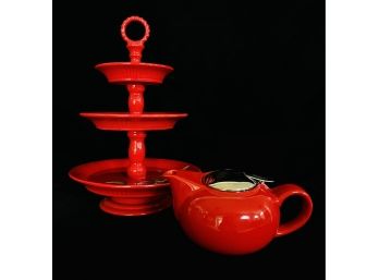 Red Ceramic 3 Tier Serving Stand With Teapot