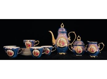 Hand Painted Luster Porcelain Demitasse Set With Pot Creamer Sugar 6 Cups & Saucers