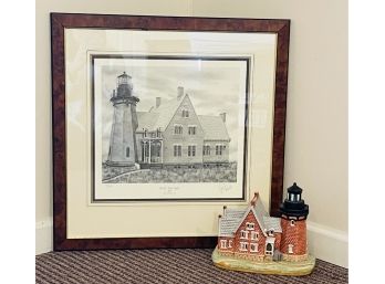 Signed Numbered Southeast Light Block Island With Matching Light Up Porcelain Model