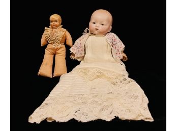 2 Antique Dolls 1 With Bisque Porcelain Head & Sleep Eyes 13'  1 With Cloth Body 8' & Porcelain Head