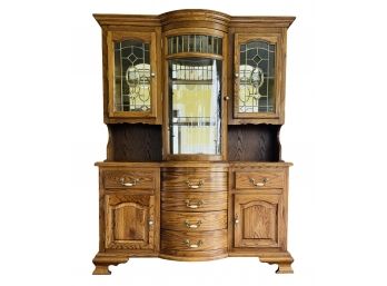 Oak China Cabinet With Curved Leaded Glass Front Center Door Lighted 2 Pc