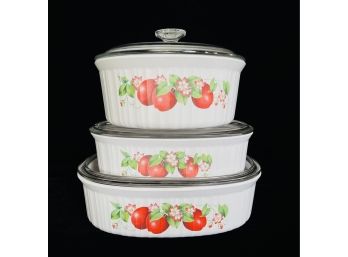 3 Lidded Corning Ware Baking Dishes With Strawberry Design 2 Oval 1 Round