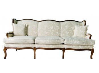 Ivory Brocade 3 Seat French Provincial Sofa With Wood Trim Good Condition