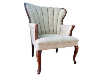 Ivory Brocade Shell Back Accent Chair With Wood Trim Good Condition