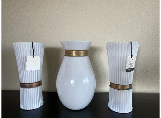 Group Of Three Compatible Provincial Ribbed Vases Including Debi Lilly Design