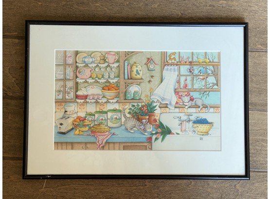 Mary Engelbreit Framed Country Farmhouse Scene With Cats & Blueberries