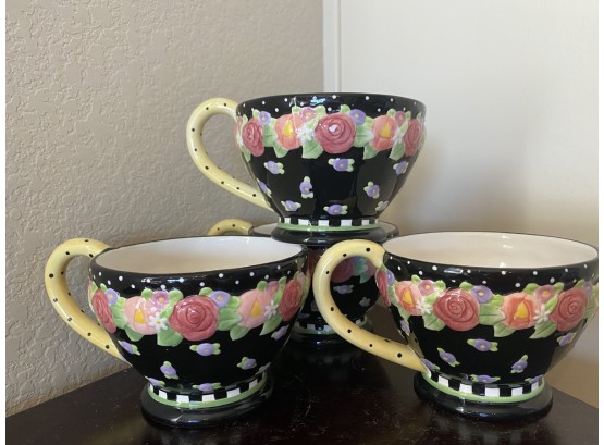 Set Of 4 Mary Engelbreit Flowers, Polka Dots & Stripes Tea Mugs