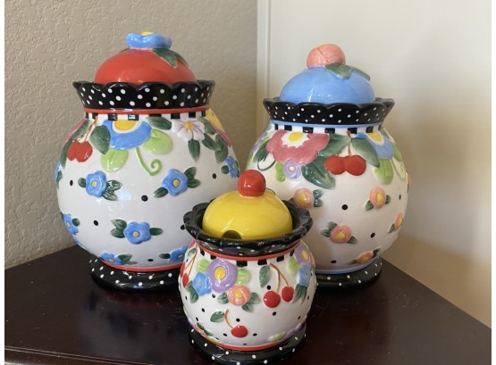 Set Of 3 Mary Engelbreit Flowers & Polka Dots Lidded Jars