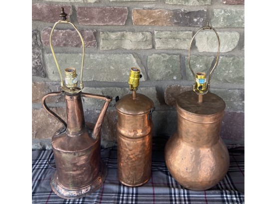 Set Of 3 Solid Copper Lamp Bases With Cords