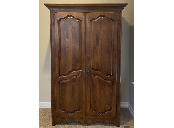 Ethan Allen Solid Wood Wardrobe With Drawers, Shelving Space, And Clothing Rack