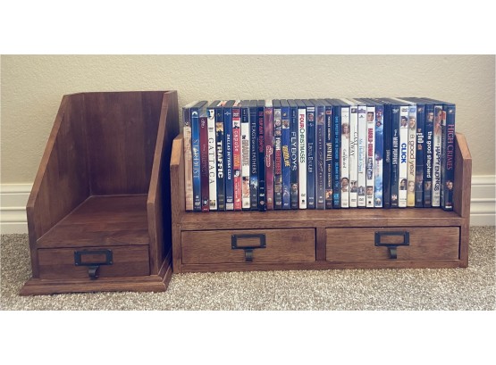 2 Hanging Wooden Desk Organizers With Drawers And Assorted DVD Collection