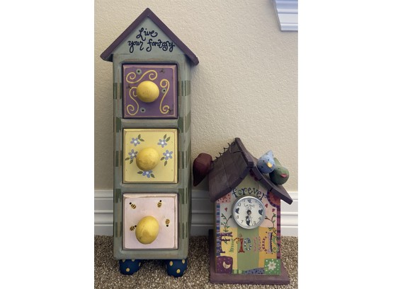 2 Hand Painted Wooden Home Decor Items Including Clock And Miniature Dresser