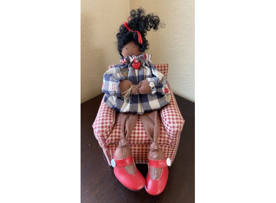 Small Handmade Fabric Doll In Miniature Red Checker Chair