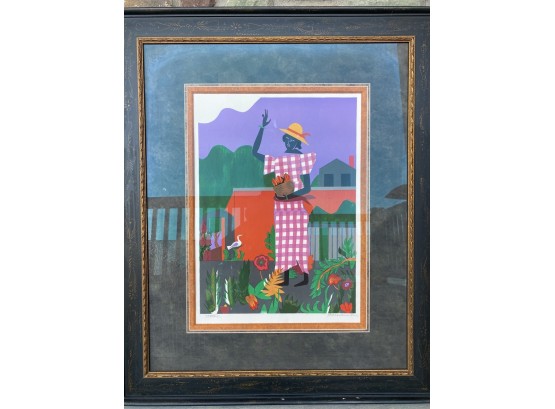 Hand Signed Fantastic Folk Artist’s Proof Of Woman In Garden With Gingham Dress