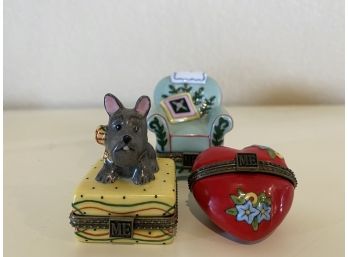 Group Of Three Mary Engelbreit Trinket Boxes Including Scottie Dog, Sofa Chair, And Hear