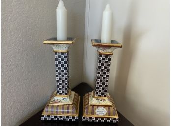 March 2009 MacKenzie Childs Pair Of Checkered Candle Holders With Floral Detailing