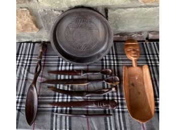 Hand Crafted African Style Wooden Bowl With Utensils