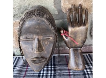 Hand Crafted African Style Mask With Lifelike Hair And Carved Wooden Hand
