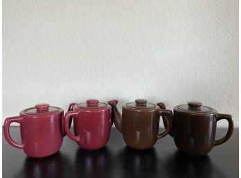 Set Of Four Individual Bauer Teapots In Brown & Burgundy